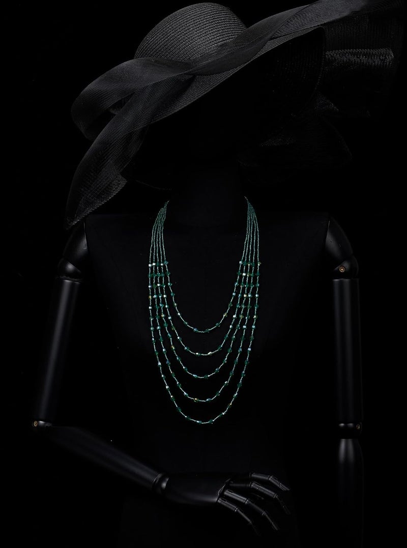 COOLSTEELANDBEYOND Oval Beads Statement Necklace Multi-Strand Long Chains with Crystal Charm Pendant - Image 1